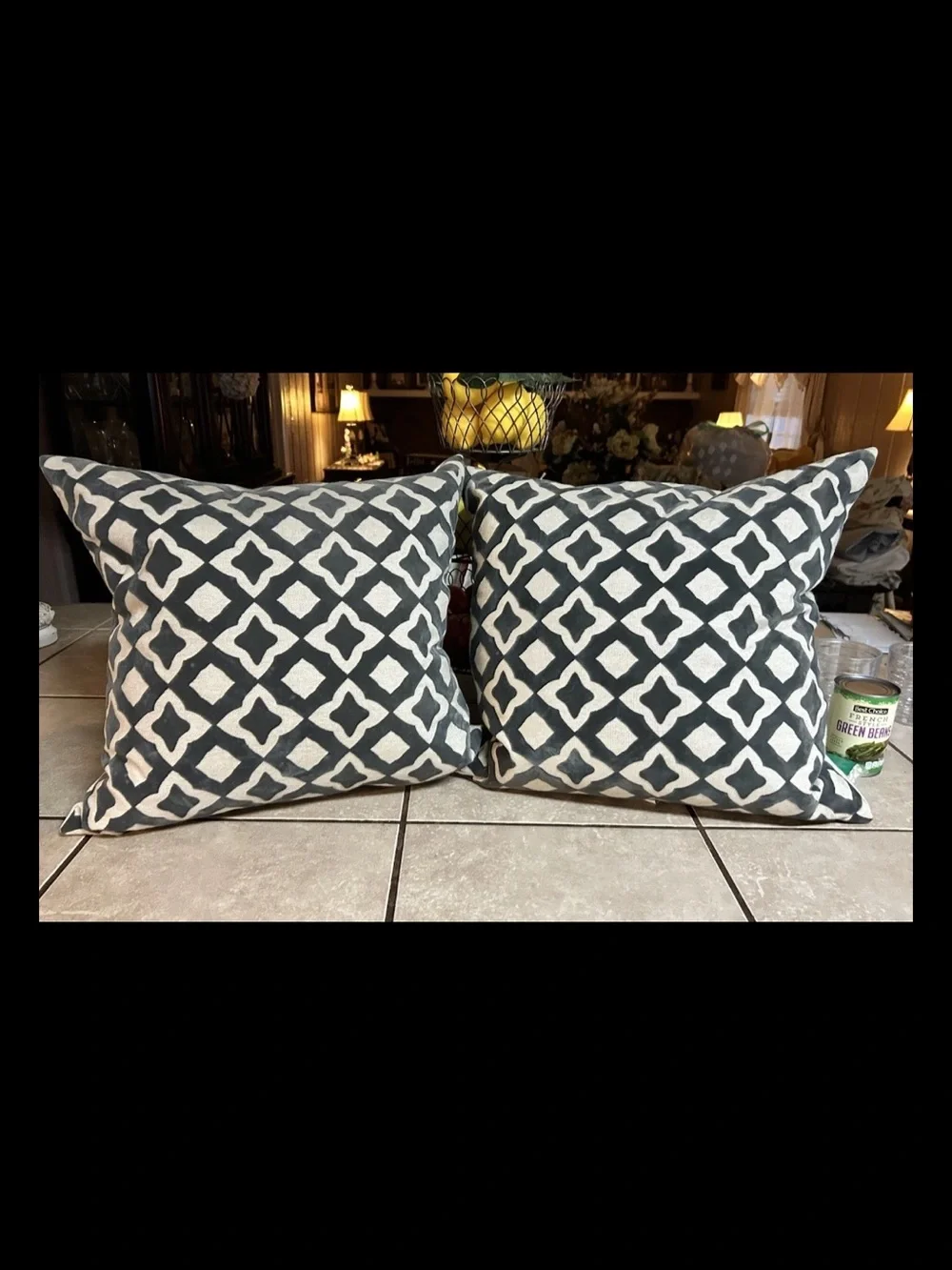 Throw Pillows Set Of 2 Gray Tan Cutout geo trellis pattern Feather Inserts 20x20